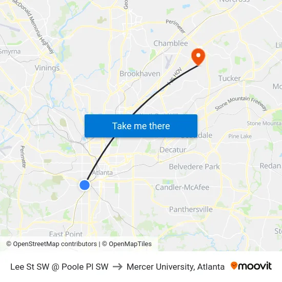 Lee St SW @ Poole Pl SW to Mercer University, Atlanta map