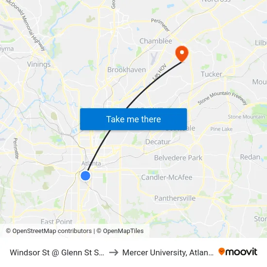 Windsor St @ Glenn St SW to Mercer University, Atlanta map