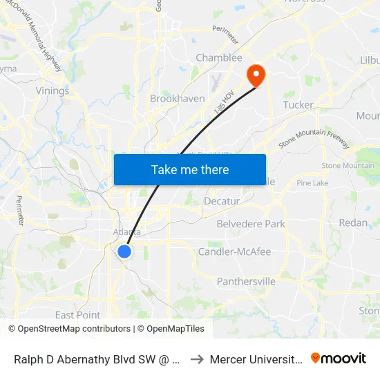 Ralph D Abernathy Blvd SW @ Central Ave SW to Mercer University, Atlanta map