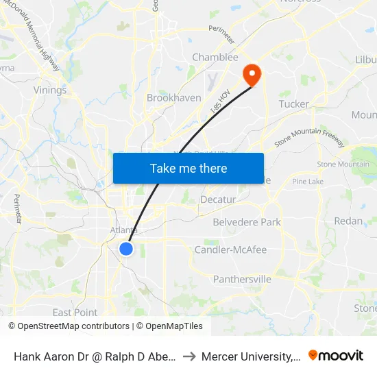 Hank Aaron Dr @ Ralph D Abernathy Blvd to Mercer University, Atlanta map