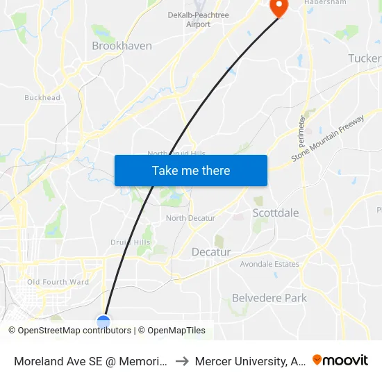 Moreland Ave SE @ Memorial Dr SE to Mercer University, Atlanta map