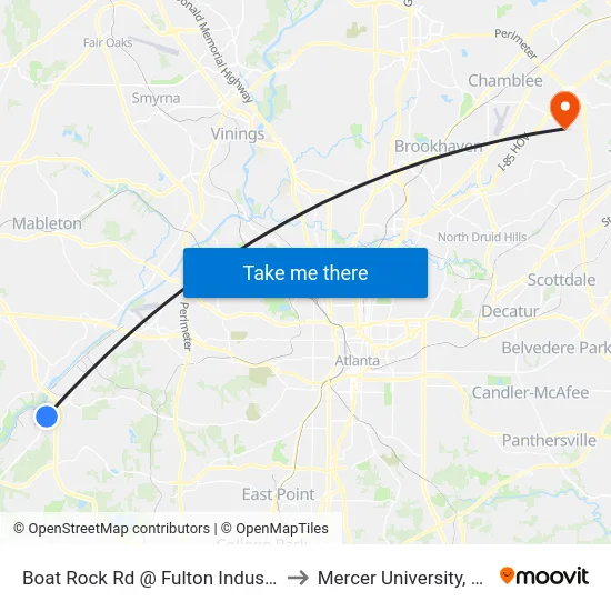Boat Rock Rd @ Fulton Industrial Blvd to Mercer University, Atlanta map