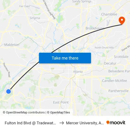 Fulton Ind Blvd @ Tradewater Pkwy to Mercer University, Atlanta map