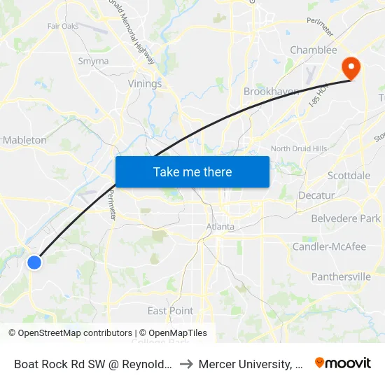 Boat Rock Rd SW @ Reynolds Rd SW to Mercer University, Atlanta map