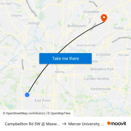 Campbellton Rd SW @ Maxwell Dr SW to Mercer University, Atlanta map
