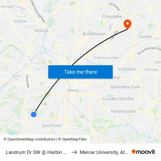 Landrum Dr SW @ Harbin Rd SW to Mercer University, Atlanta map