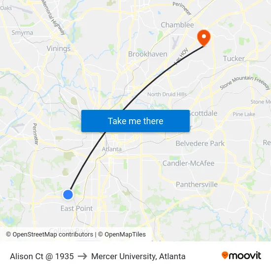 Alison Ct @ 1935 to Mercer University, Atlanta map