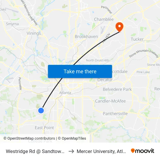 Westridge Rd @ Sandtown Rd to Mercer University, Atlanta map