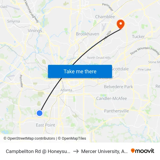 Campbellton Rd @ Honeysuckle Ln to Mercer University, Atlanta map