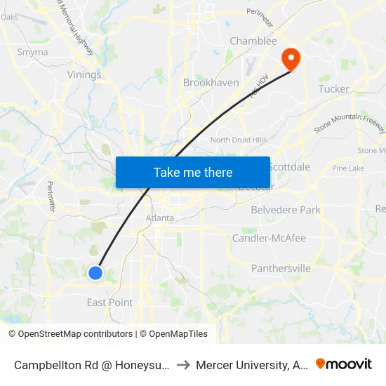 Campbellton Rd @ Honeysuckle Ln to Mercer University, Atlanta map
