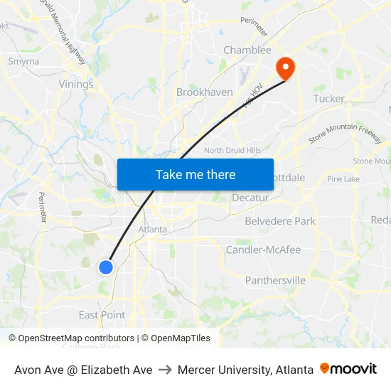 Avon Ave @ Elizabeth Ave to Mercer University, Atlanta map