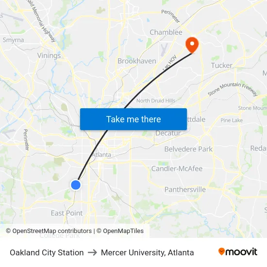 Oakland City Station to Mercer University, Atlanta map