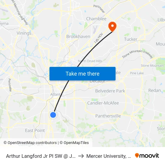 Arthur Langford Jr Pl SW @ Joyland Pl to Mercer University, Atlanta map