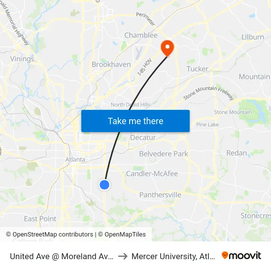 United Ave @ Moreland Ave SE to Mercer University, Atlanta map