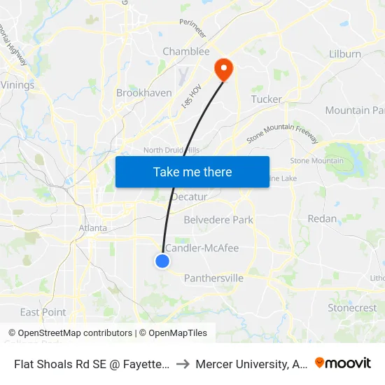 Flat Shoals Rd SE @ Fayetteville Rd to Mercer University, Atlanta map