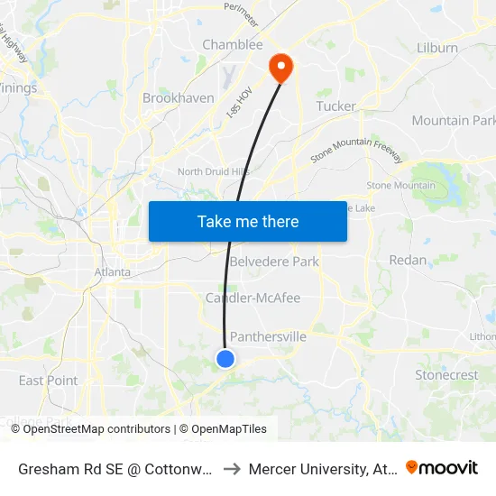 Gresham Rd SE @ Cottonwood Dr to Mercer University, Atlanta map