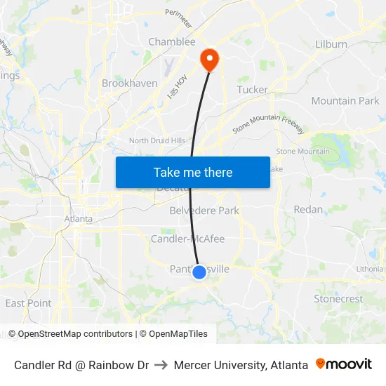 Candler Rd @ Rainbow Dr to Mercer University, Atlanta map