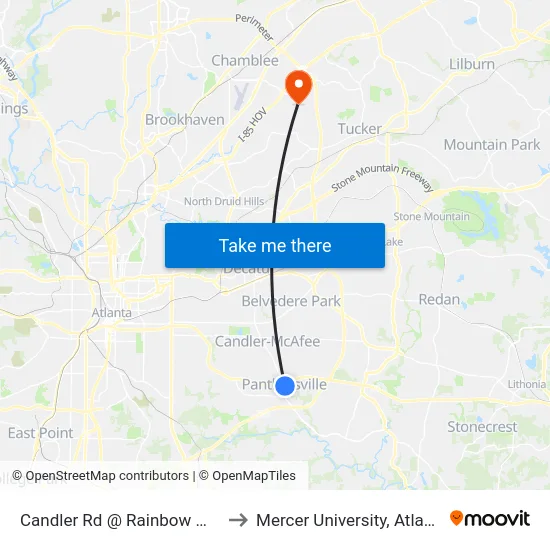 Candler Rd @ Rainbow Way to Mercer University, Atlanta map