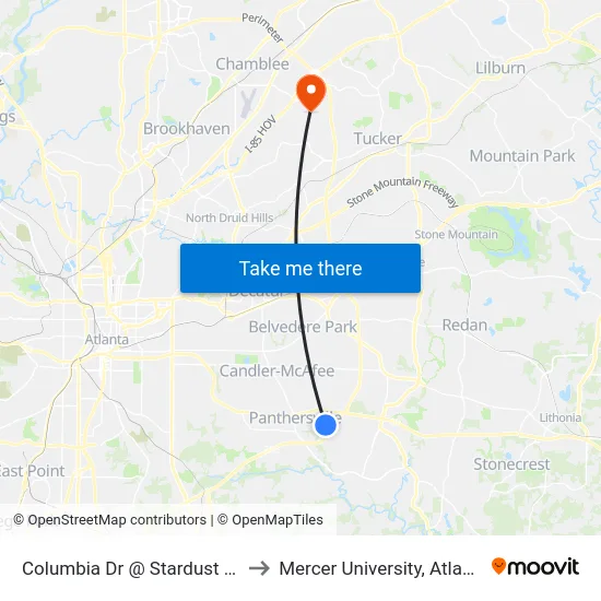 Columbia Dr @ Stardust Cir to Mercer University, Atlanta map