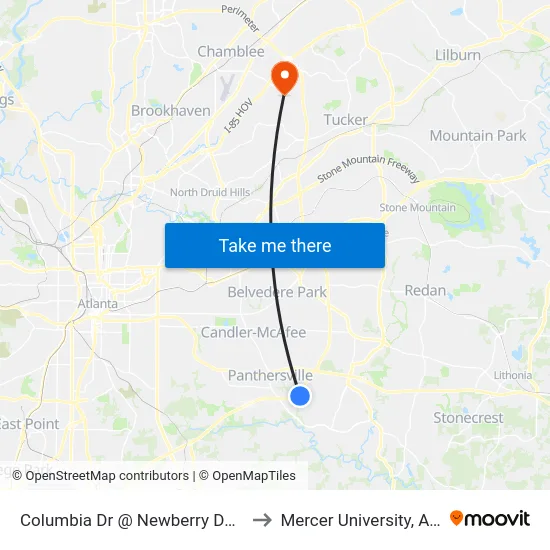 Columbia Dr @ Newberry Downs Ln to Mercer University, Atlanta map