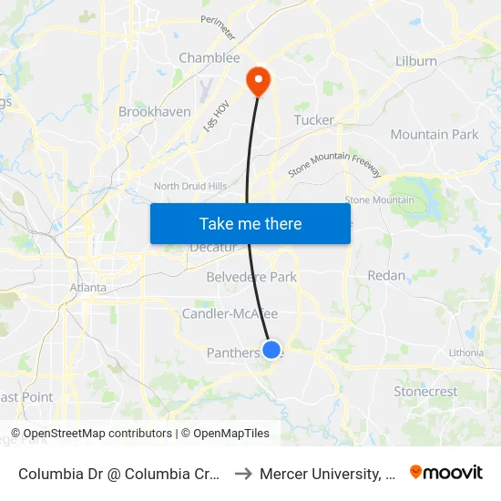 Columbia Dr @ Columbia Crossing Dr to Mercer University, Atlanta map