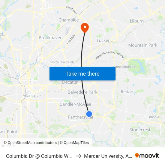 Columbia Dr @ Columbia Woods Dr to Mercer University, Atlanta map