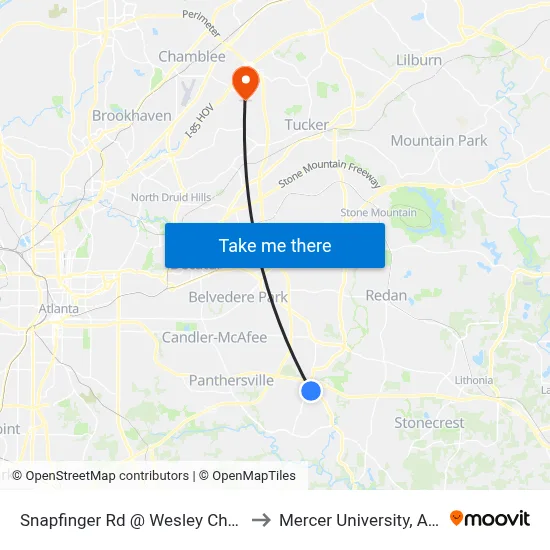 Snapfinger Rd @ Wesley Chapel Rd to Mercer University, Atlanta map