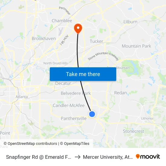 Snapfinger Rd @ Emerald Falls Dr to Mercer University, Atlanta map