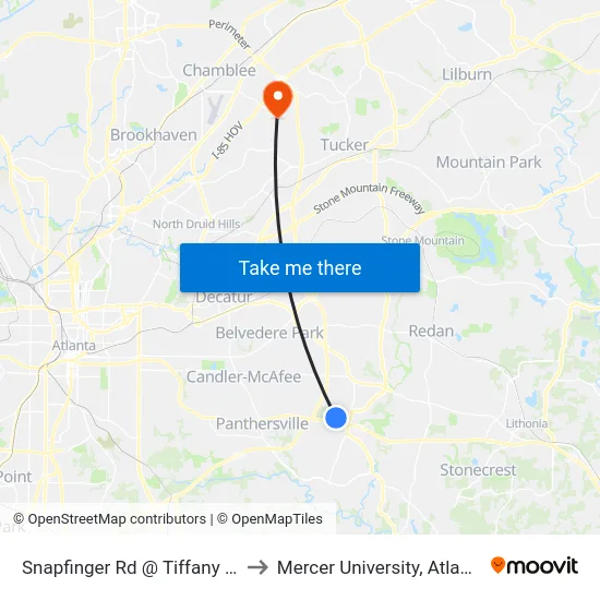 Snapfinger Rd @ Tiffany Dr to Mercer University, Atlanta map