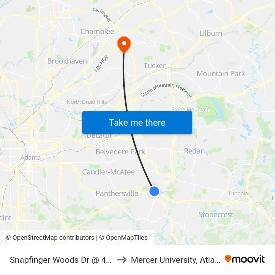 Snapfinger Woods Dr @ 4185 to Mercer University, Atlanta map
