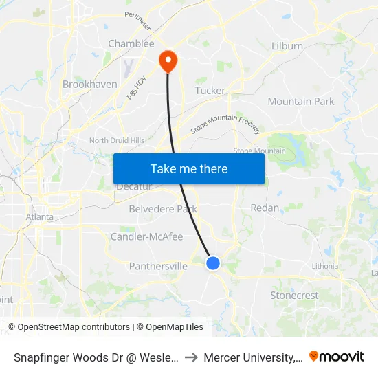 Snapfinger Woods Dr @ Wesley Chapel Rd to Mercer University, Atlanta map
