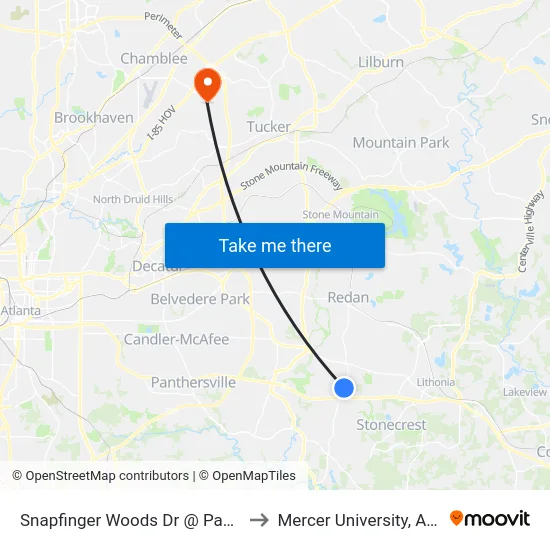 Snapfinger Woods Dr @ Panola Rd to Mercer University, Atlanta map