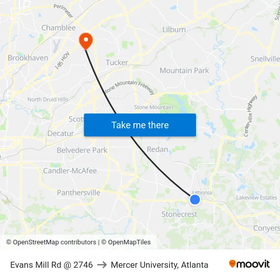 Evans Mill Rd @ 2746 to Mercer University, Atlanta map