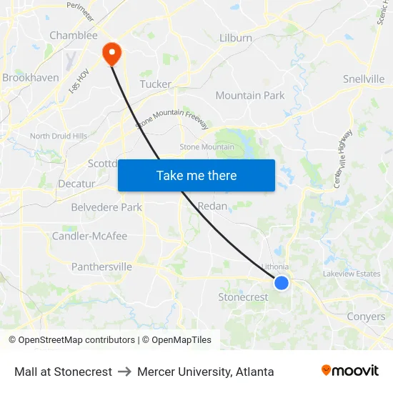 Mall at Stonecrest to Mercer University, Atlanta map