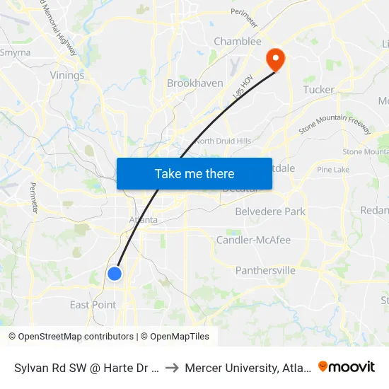 Sylvan Rd SW @ Harte Dr SW to Mercer University, Atlanta map