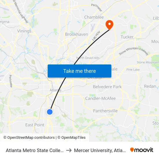 Atlanta Metro State College to Mercer University, Atlanta map