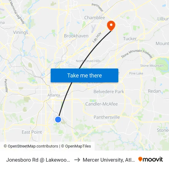 Jonesboro Rd @ Lakewood Ave to Mercer University, Atlanta map