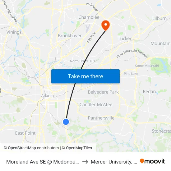 Moreland Ave SE @ Mcdonough Blvd SE to Mercer University, Atlanta map