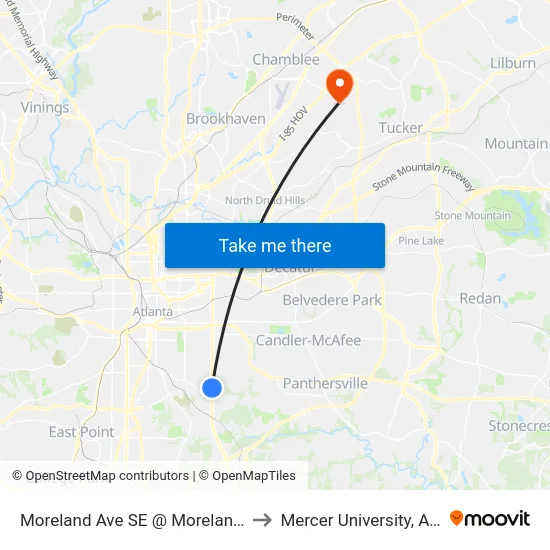 Moreland Ave SE @ Moreland Dr SE to Mercer University, Atlanta map