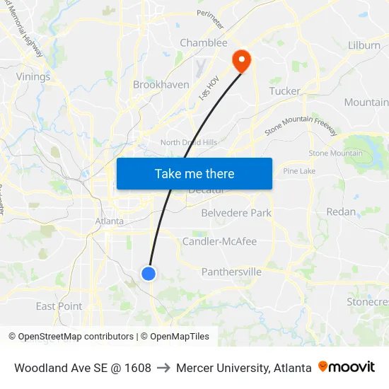 Woodland Ave SE @ 1608 to Mercer University, Atlanta map