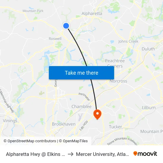 Alpharetta Hwy @ Elkins Rd to Mercer University, Atlanta map