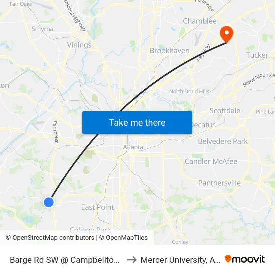 Barge Rd SW @ Campbellton Rd SW to Mercer University, Atlanta map