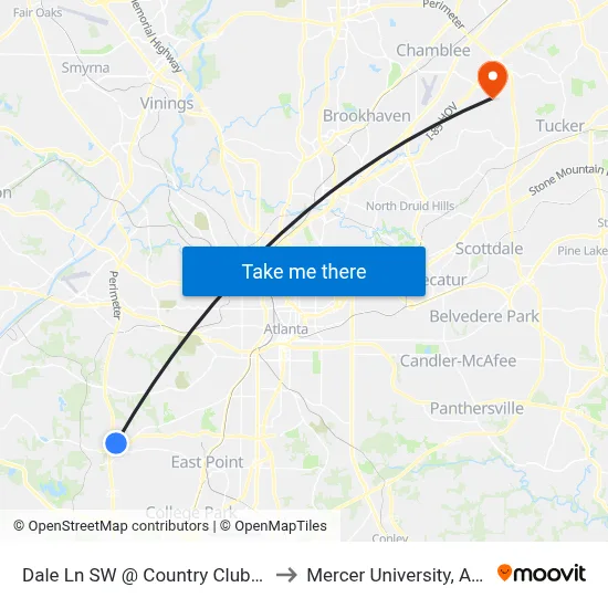 Dale Ln SW @ Country Club Ln SW to Mercer University, Atlanta map
