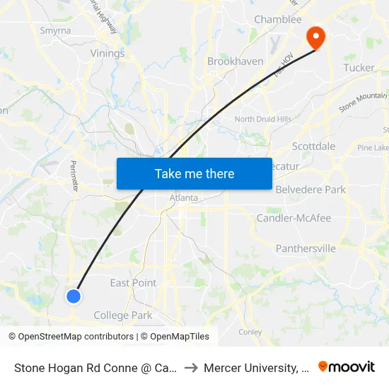 Stone Hogan Rd Conne @ Camp Creek to Mercer University, Atlanta map
