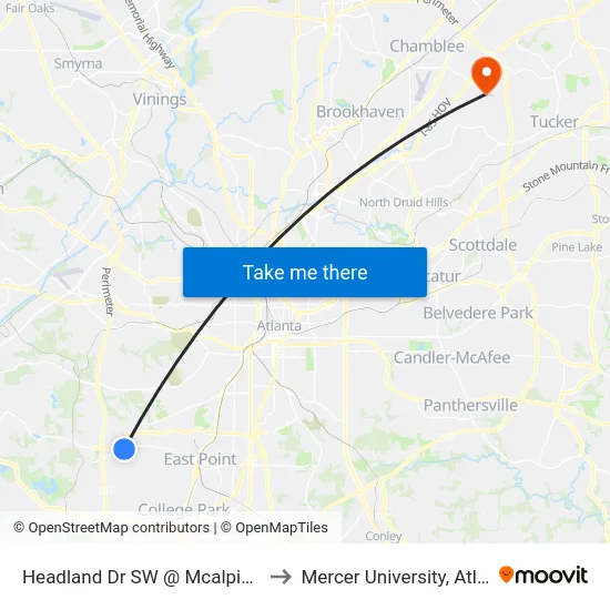 Headland Dr SW @ Mcalpine Ter to Mercer University, Atlanta map