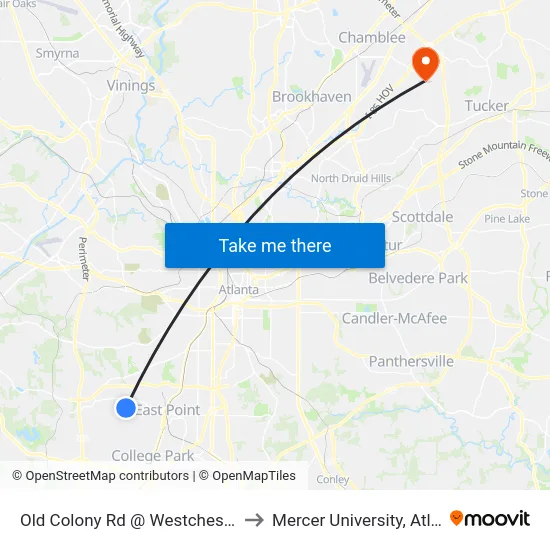 Old Colony Rd @ Westchester Dr to Mercer University, Atlanta map