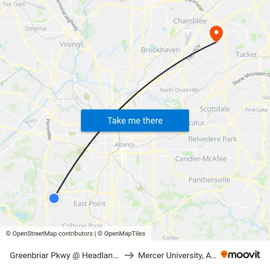 Greenbriar Pkwy @ Headland Dr SW to Mercer University, Atlanta map