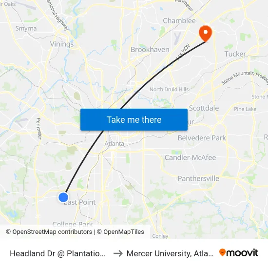 Headland Dr @ Plantation Dr to Mercer University, Atlanta map
