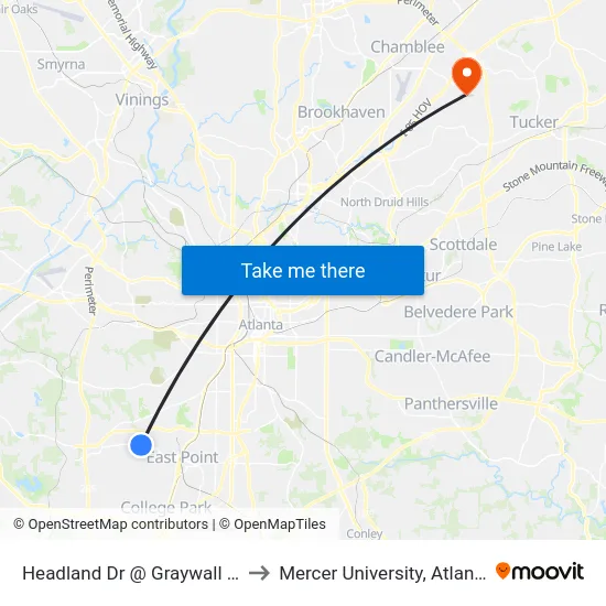 Headland Dr @ Graywall St to Mercer University, Atlanta map
