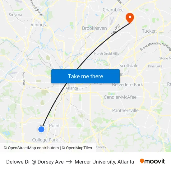 Delowe Dr @ Dorsey Ave to Mercer University, Atlanta map